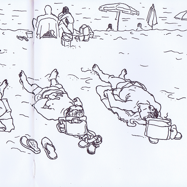 Dibujo de Sergio Sánchez Isasi con amigos en la playa. Vacaciones Siarte